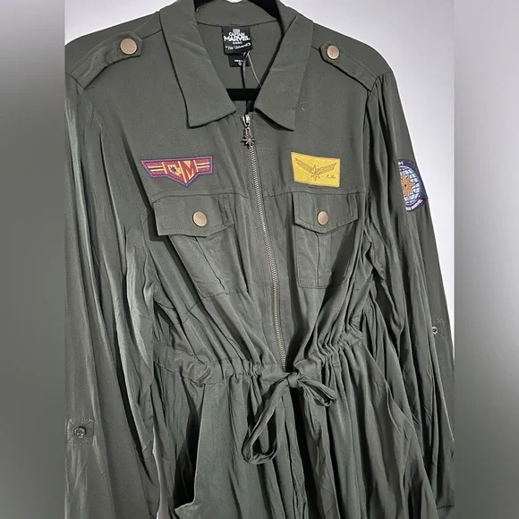Her Universe Captain Marvel Olive Patchwork Shirt Dress NWT Size L 12 - Picture 4 of 15